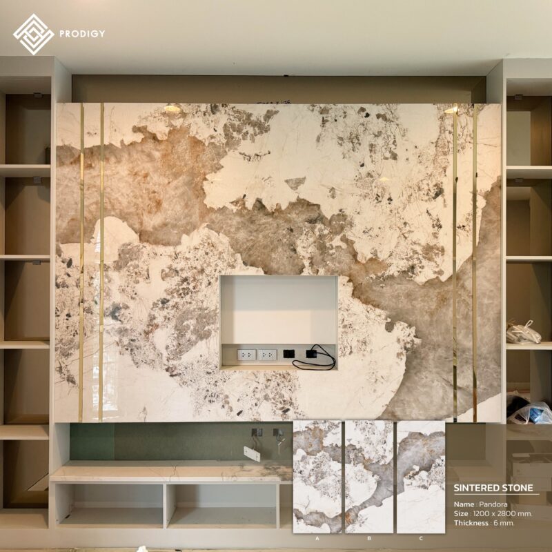 โครงการเศรษฐสิริ พรานนก ใช้หินอ่อนเทียม Sintered Stone ปูผนัง พื้น และ เคาน์เตอร์ครัว